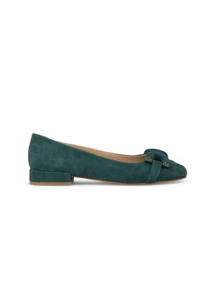 Pantoufles en daim turquoise avec un bout pointu, un petit talon carré et un accent de nœud décoratif à l'avant avec quincaillerie noire.