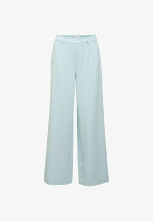 Svijetloplave pantalone širokih nogavica izrađene od glatkog, mekanog materijala. Imaju prednje džepove i ravni pojas za krojeni izgled.
