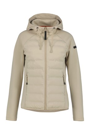 Chaqueta beige con capucha, parte delantera acolchada, mangas largas lisas, cremallera frontal, capucha con cordón y bolsillos laterales con cremallera.