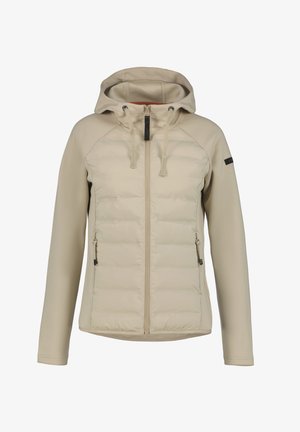 Beige capuchonjas met doorgestikte voorkant, gladde lange mouwen, ritssluiting aan de voorkant, trekkoord in de capuchon en ritssluitingen aan de zijzakken.