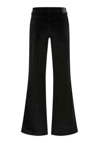 Zwarte fluwelen wijde broek met een gestructureerd oppervlak, voorzien van twee achterzakken en een middelhoge tailleband.