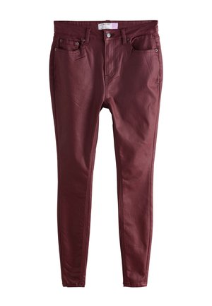 Bordeauxrote Skinny-Jeans mit einer glatten, leicht glänzenden Textur. Verfügt über fünf Taschen, einen Knopfverschluss und ein schmales Bein-Design.