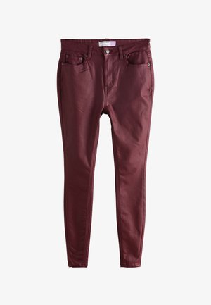 Mørkerøde skinny jeans med en glat, let skinnende tekstur. Har fem lommer, knaplukning og et slankt bendesign.