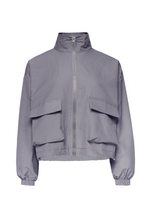 Light gray zip-up jacket with high collar, two large front flap pockets, elastic cuffs, and a subtle checkered pattern.