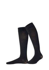 Schwarze knielange Socken aus einem strukturierten Stoff mit einem Rautenmuster. Mit einem festen Bündchen oben für einen sicheren Sitz.