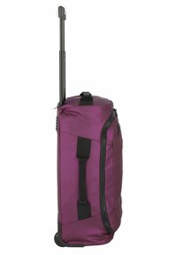 Borsa da viaggio a rotolo di colore viola scuro con manico retrattile, tasca laterale con zip e cinghie in tessuto. Texture liscia con ruote robuste.