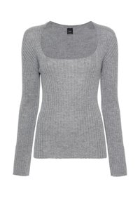 Maglione a maniche lunghe grigio a coste con scollatura quadrata e tessuto testurizzato. Presenta una silhouette aderente e materiale flessibile.