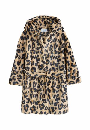 Badjas met capuchon en luipaardprint, lange mouwen, voorzakken en een ceintuur in de taille, gemaakt van zachte pluche stof.
