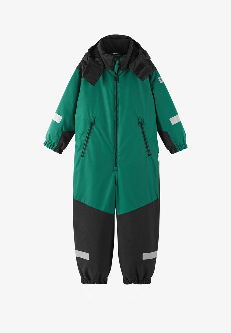 Groene en zwarte kinderoverall met een ritssluiting aan de voorkant, lange mouwen, verstelbare manchetten, reflecterende patches en een afneembare capuchon.
