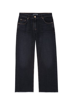 Dunkelblaue weit geschnittene Jeans mit fünf Taschen, Knopfverschluss und sichtbaren braunen Nähten.