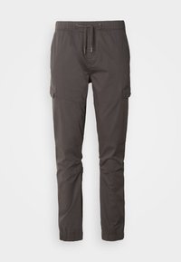 Pantalon cargo gris avec taille élastique, cordon de serrage et chevilles resserrées. Dispose de poches latérales et d'un tissu lisse et léger.