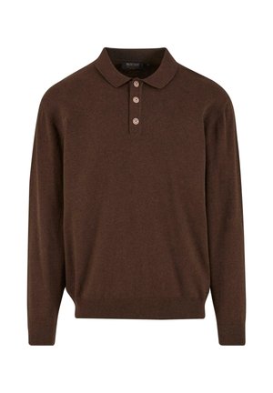 Braunes langärmeliges Poloshirt mit einem gerippten Saum und Bündchen, ausgestattet mit einer Drei-Knopf-Leiste und einem entspannten Schnitt.