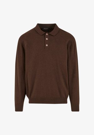 Polo maglia marrone a maniche lunghe con orlo e polsini a costine, dotata di una patta con tre bottoni e una vestibilità morbida.