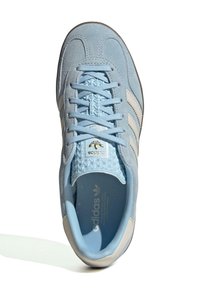 Gaiši zils zamšādas apavi ar baltām svītrām, teksturētu mēli un zelta zīmolu. Iezīmēts ar mīkstu apkakli un plakaniem auklām.