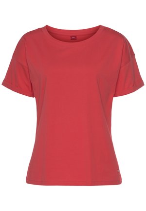 Red short-sleeve T-shirt with a round neckline, made from a soft fabric, featuring a relaxed fit and rolled sleeve hems.