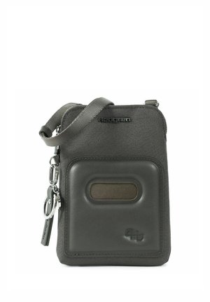 Dunkelgraue Crossbody-Tasche mit verstellbarem Riemen, vorderer Reißverschlusstasche und geprägten Markenlogos Hedgren und Qib aus synthetischem Material.