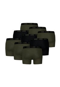 PUMA boxer briefs in black and olive green with black elastic waistband featuring PUMA logo. Offers a snug fit and smooth texture.