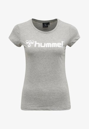 Grijs T-shirt met korte mouwen van katoen, met een wit "hummel" logo over de borst; ronde hals, casual pasvorm.