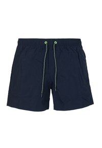 Costumi da bagno navy realizzati in tessuto leggero, con vita elasticizzata e cordoncino verde. Presentano tasche laterali. Design semplice, senza motivi.
