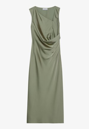 Knee-length dress in soft olive green satin, featuring a draped neckline and side pleats for texture and visual interest.