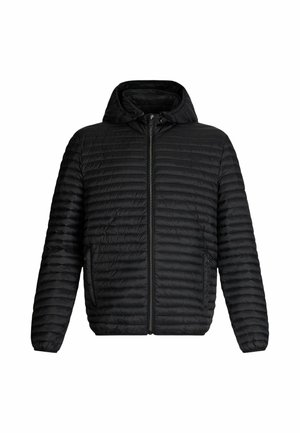 Mustan kapuutsiga puhkpjak, millel on lukuga kinni minek, silmapaistvate horisontaalsete õmblustega ja kahe küljetaskuga. Kergest, tepitud disainist.