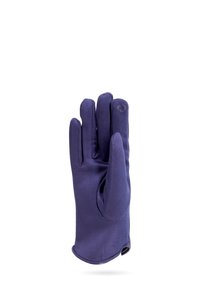 Guanto in tessuto viola con cinque dita, superficie liscia, apertura del polso curvata e senza hardware o motivi visibili.
