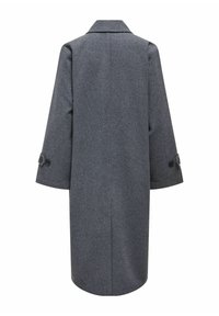 Gray wool coat with a structured collar, long sleeves, and buttoned cuffs. The back features a clean, minimalistic design.