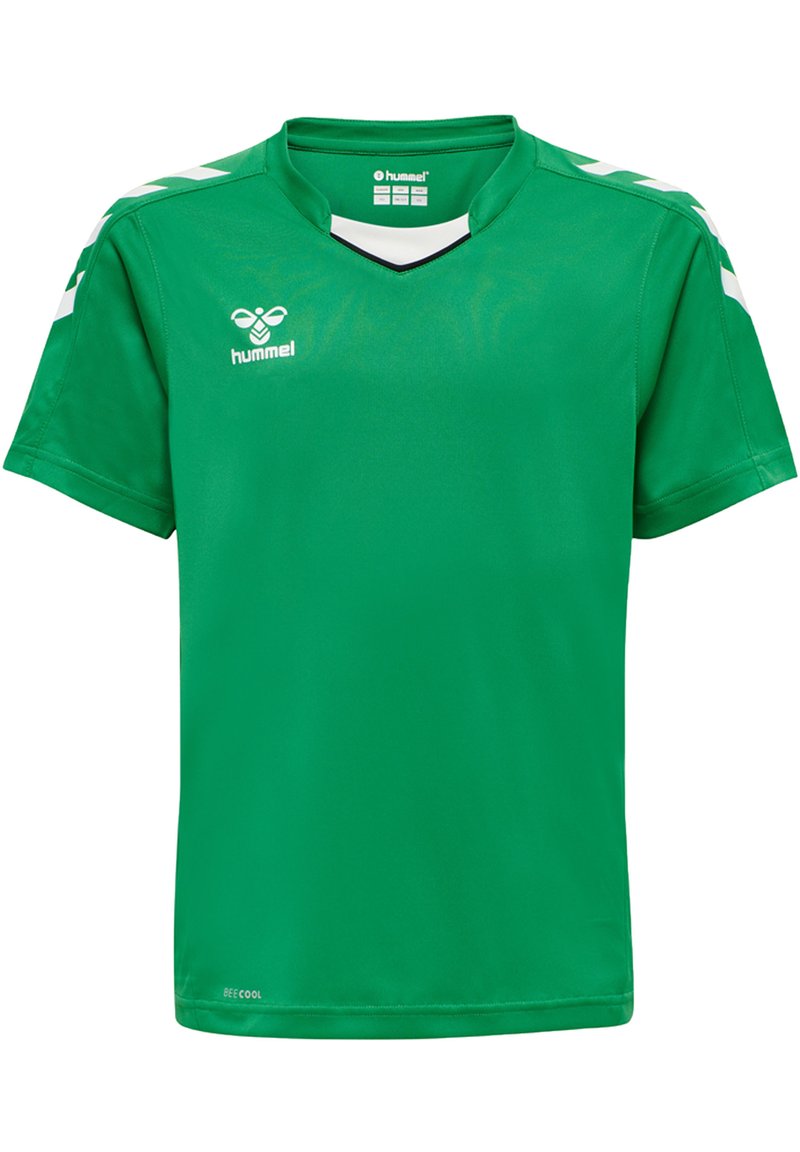 Grøn sportsjersey med korte ærmer, V-hals design, kontrasterende hvide detaljer på skuldrene, og logo trykt på brystet.