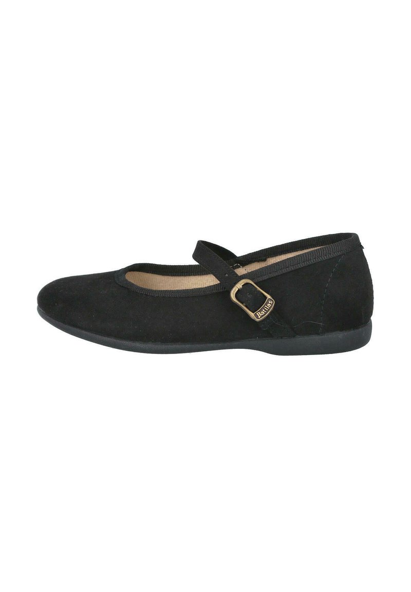 Zapato plano Mary Jane de ante negro con punta redondeada, correa en el empeine y un pequeño acento de hebilla. Superficie suave y texturizada.