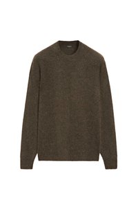 Maglione marrone a maglia con scollo rotondo e maniche lunghe. Texture morbida, finitura leggermente pelosa e vestibilità rilassata. Nessun motivo visibile.