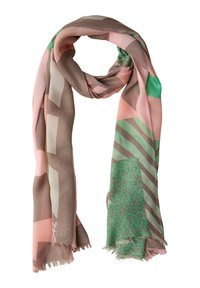 Écharpe multicolore avec motifs géométriques en rose, vert et marron. Fabriquée en tissu doux avec des bords frangés, légère et fluide.