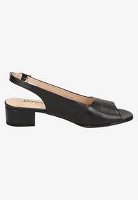 Schwarzer Leder Slingback-Schuh mit Blockabsatz, offener Zehenpartie und minimaler Naht. Glatte Textur mit elegantem Design.