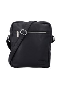 Borsa a tracolla nera in pelle con finitura texturizzata. Presenta una tasca frontale con zip e una tracolla regolabile per maggiore comodità.