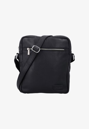 Schwarze Leder-Umhängetasche mit strukturierter Oberfläche. Verfügt über eine Reißverschlusstasche an der Vorderseite und einen verstellbaren Tragegurt für mehr Komfort.