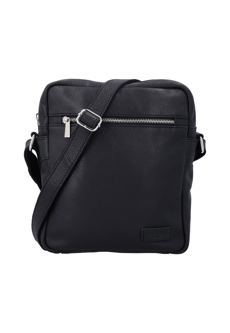 Borsa a tracolla nera in pelle con finitura texturizzata. Presenta una tasca frontale con zip e una tracolla regolabile per maggiore comodità.