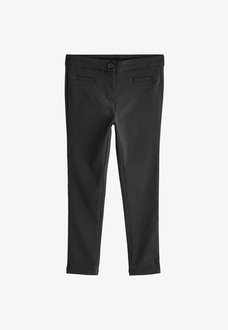 Melni bikses no gludas auduma, ar šauru piegriezumu, divām priekšējām kabatām un pogu aizdari jostasvietā.