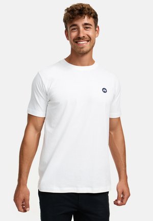 White cotton t-shirt with short sleeves, round neckline, featuring a small navy logo on the chest, smooth texture, and regular fit.