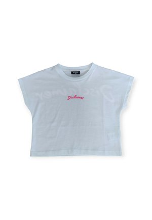 T-shirt bianco corto con maniche corte, con la scritta "Disclaimer" in rosa sulla parte frontale e colletto rotondo. Tessuto in cotone morbido.