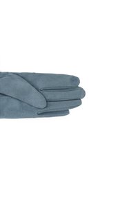 Guanti in suede blu con una texture morbida, caratterizzati da tre cuciture orizzontali sulla parte posteriore e una punta arrotondata sulle dita.