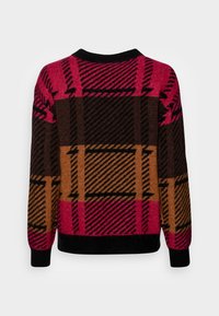 Roter, brauner und schwarzer karierter Pullover mit langen Ärmeln, geripptem schwarzen Ausschnitt und Bündchen. Weiche Textur und geometrisches Muster überall.
