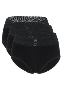 Schwarzes Baumwollunterwäsche-Set mit einem Spitzenbund. Drei Paare werden gezeigt, jedes mit einer glatten Textur und einem vollflächigen Design.