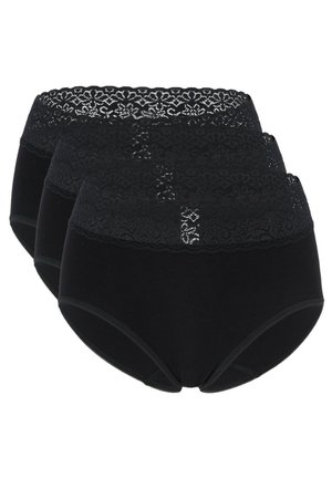 Set di slip in cotone nero con cintura in pizzo. Tre paia mostrati, ciascuno con una texture liscia e design a copertura totale.