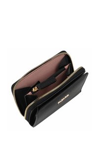 Black textured wallet with gold zipper, featuring a pink interior and multiple compartments for cards and coins. Closed with a zip.