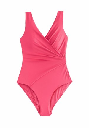 Rozā vienspēļu peldkostīms ar V-veida kakla izgriezumu, ietinamo dizainu un gludu tekstūru. Ir plata plecu lenci un klasiskas griezuma kāju atvērums.