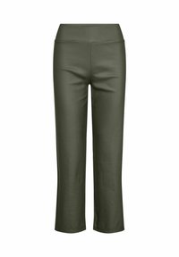 Wąskie spodnie w kolorze oliwkowej zieleni z wysokim stanem, o długości 7/8, gładkiej fakturze, bez widocznych szwów ani zdobień.