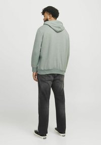 Sudadera verde con un ajuste relajado y capucha ajustable, combinada con jeans gris oscuro y zapatillas negras. Textura de tela suave, con detalles mínimos.