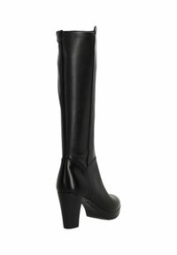 Black knee-high leather boots with a smooth texture, sturdy block heel, and a side zipper for easy wear. Minimalist design with no visible patterns.