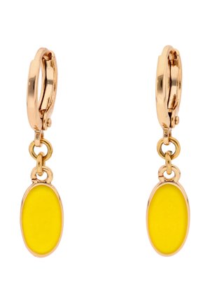 Cercei cerc din aur cu pandantive ovale din email galben, design simplu, finisaj lustruit, stil ușor și elegant.