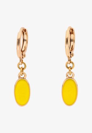 Guld øreringe med creoler og ovale gule emaljevedhæng, enkelt design, poleret finish, lette og elegante.