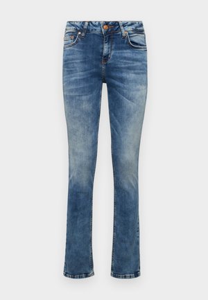 Blaue Denim-Jeans mit geradem Bein, leichter Ausbleichung, fünf Taschen, metallischem Knopfverschluss und kontrastierenden Nähdetails.